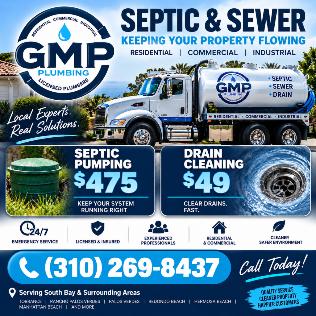 GMP Plumbing septic pumping and drain cleaning specials in the South Bay